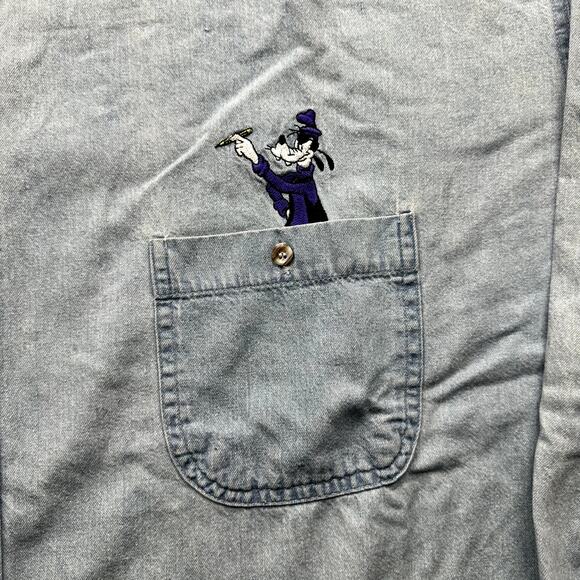 Vintage Mickey Unlimited Disney Denim Button Down Shirt Mens 2XL Goofy Chambray - Picture 11 of 12